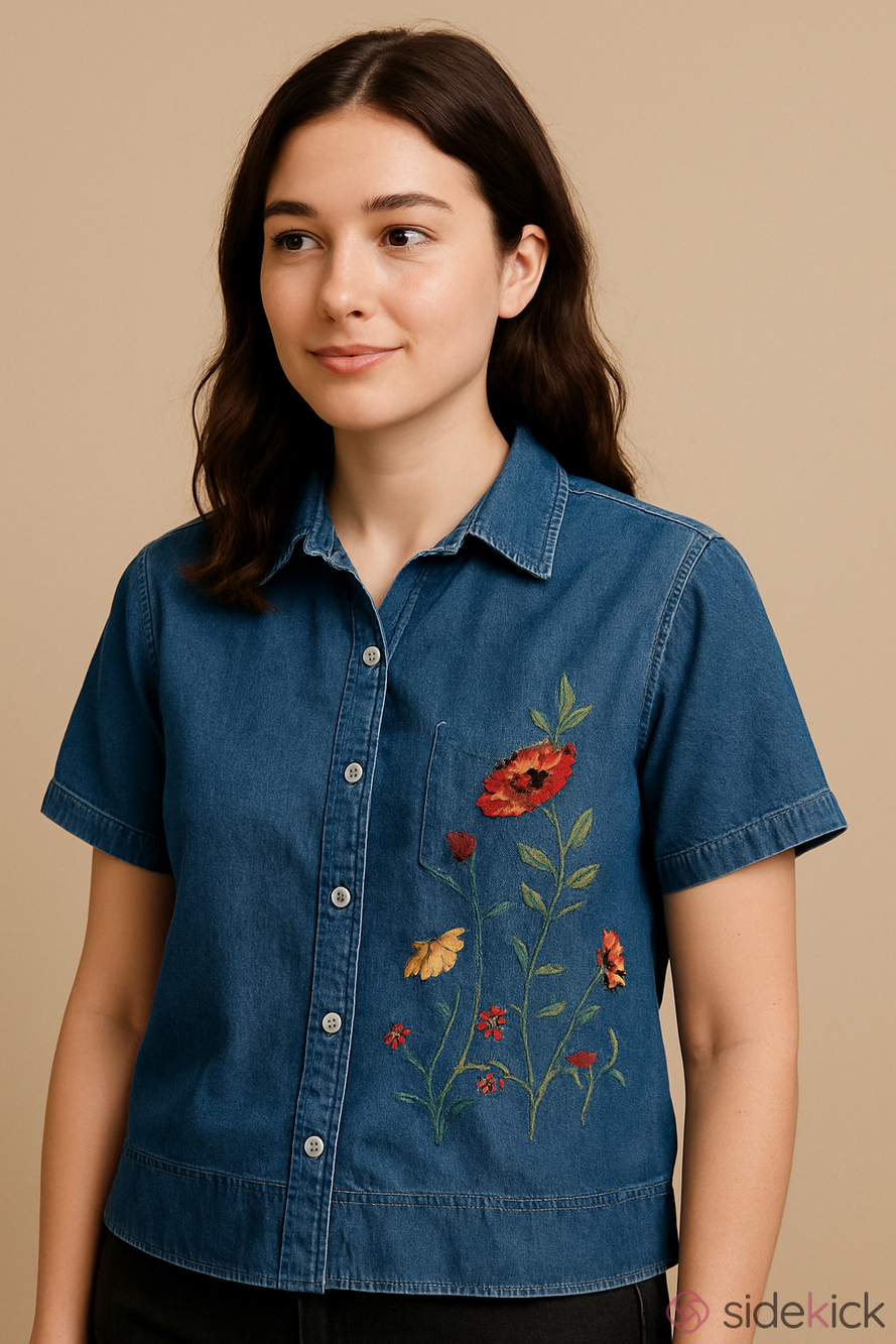 Erika Floral Denim Blouse Button Up Size Small